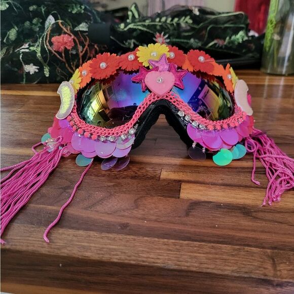 Hand Made Burning Man Goggles 🔥 Pink Y2K Pearl Tassel Babe - Picture 3 of 3